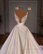 Elegant Long Mermaid V-neck Spaghetti Strap Satin Lace Wedding Dresses